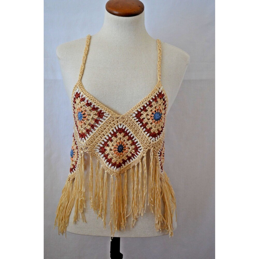 West of Melrose HIPPIE HALTER CROCHET TOP FRINGE BOHO SIZE S Festival